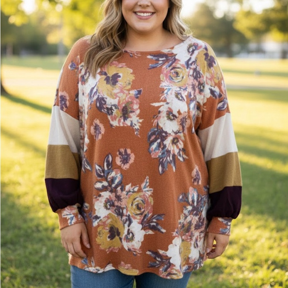 Emerald Floral Colorblock Top – Size 2X NWOT